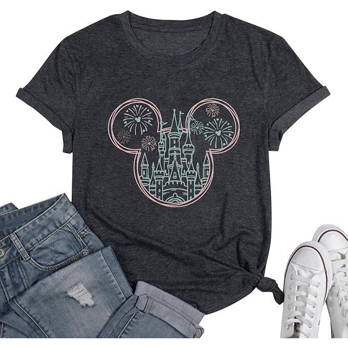 Women's Disney Mickey Castle Fireworks Graphic T Shirt Charcoal Grey Tee-Size L